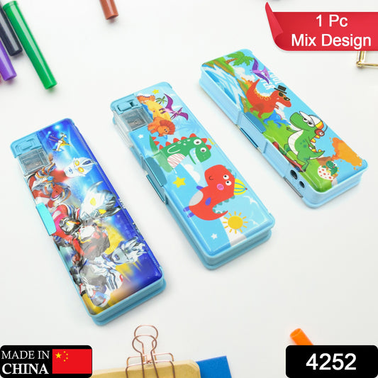 4252 Multipurpose Compass Box Plastic Double Deck Pencil Case With 2 Compartments Supplies Utility Box Storage Organizer Pencil Box For School Cartoon Printed Pencil Case For Kids Birthday Gift For Girls  Boys (1 Pc Mix Design)
